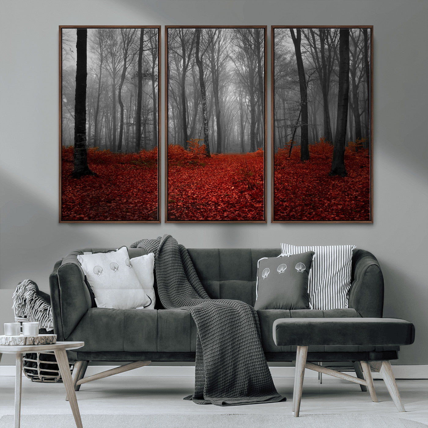 Red Forest Floor Canvas Wall Art – Mystical Foggy Woodland