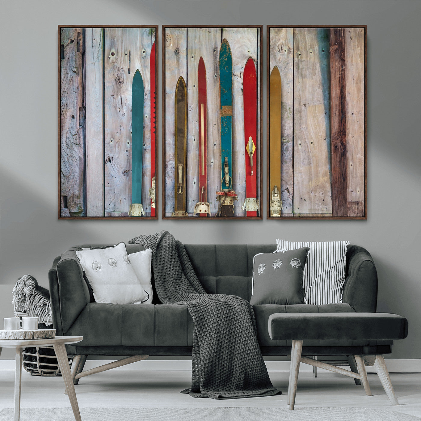Vintage Wooden Weathered Ski's in Front of an Old Barn Wall