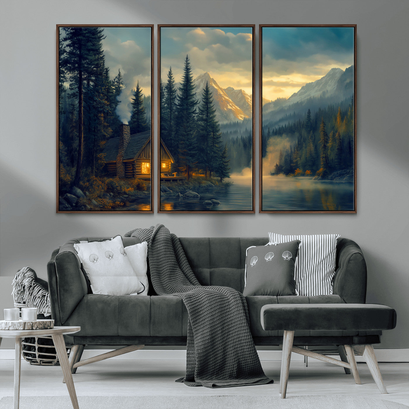 Mountain Cabin by the Lake at Sunset Wall Art - Serene