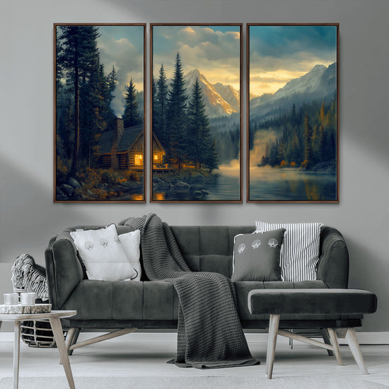 Mountain Cabin by the Lake at Sunset Wall Art - Serene