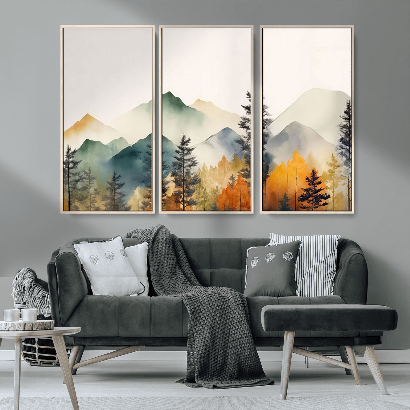 Abstract Watercolor Mountains and Trees Autumn Wall Art,