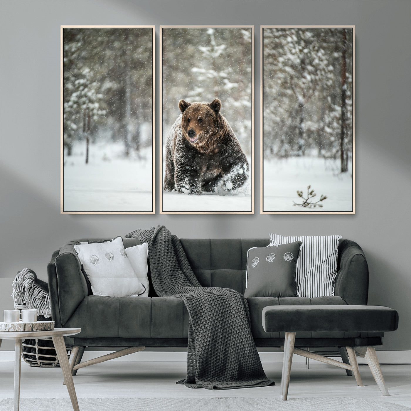 Grizzly Bear Wall Art – Framed Snowy Forest Canvas Artwork,