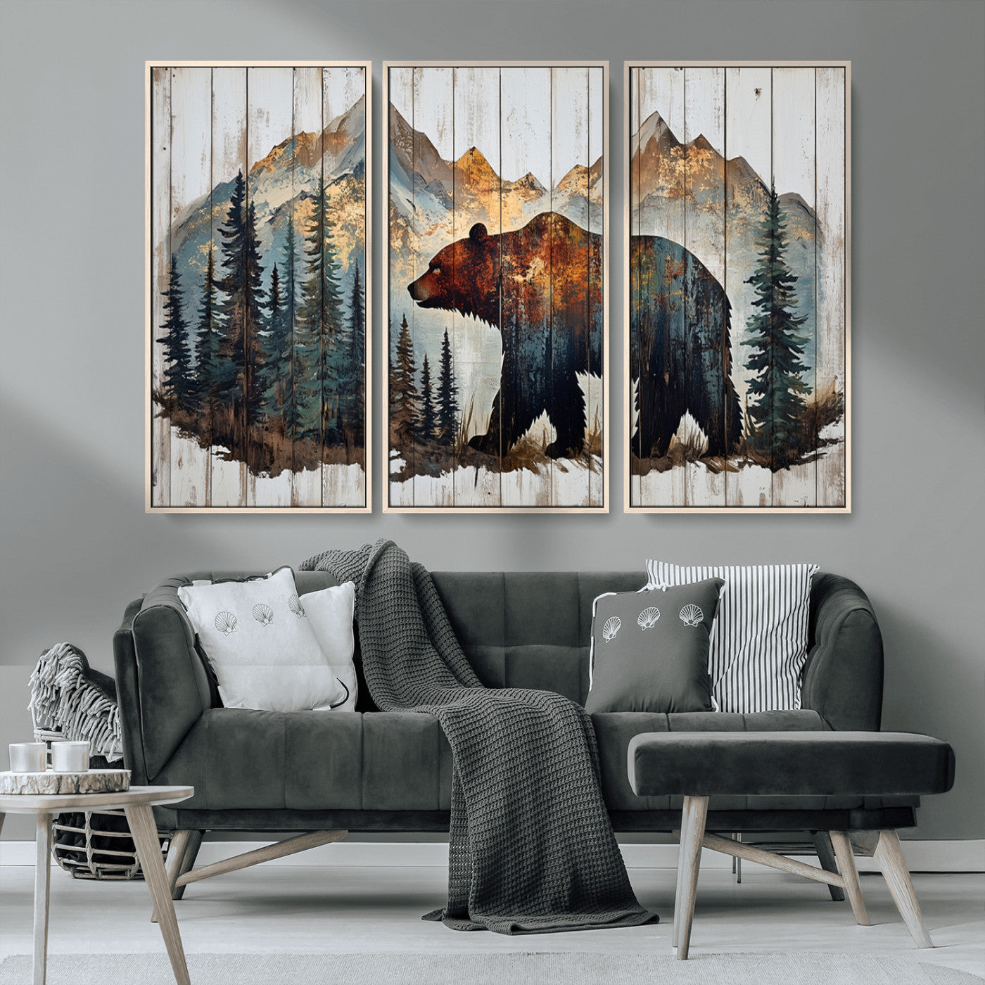 Rustic Grizzly 399 Bear and Mountain Wood Canvas Wall Art -