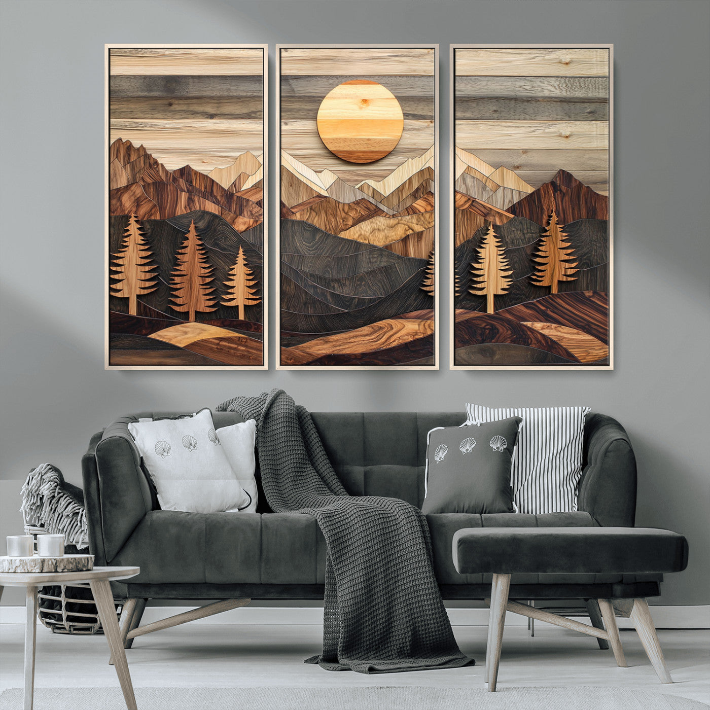 Wooden Mountain Layers Art – Rustic Pine Tree Landscape