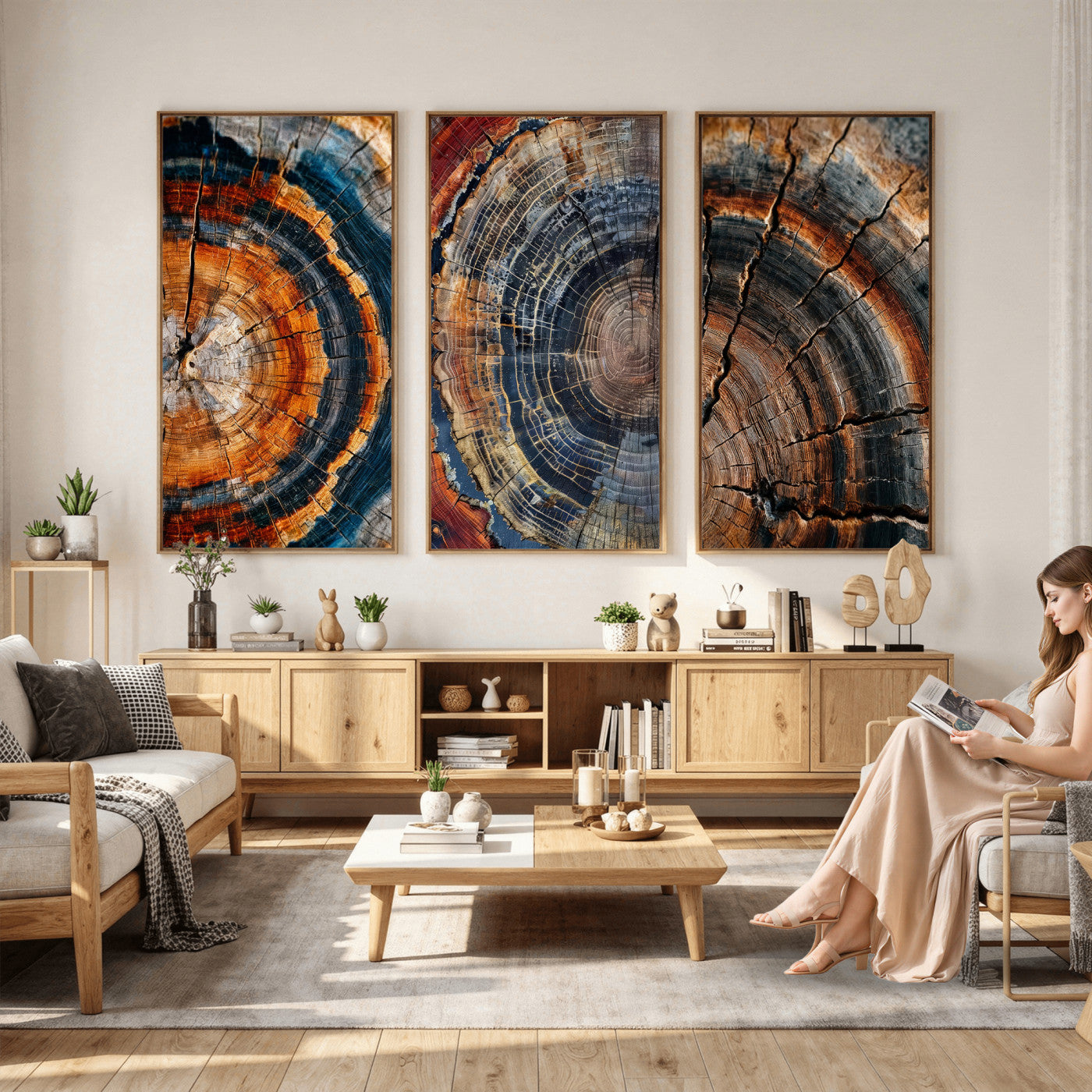 Tree Ring Triptych Canvas Wall Art — Set of 3 Wood Grain