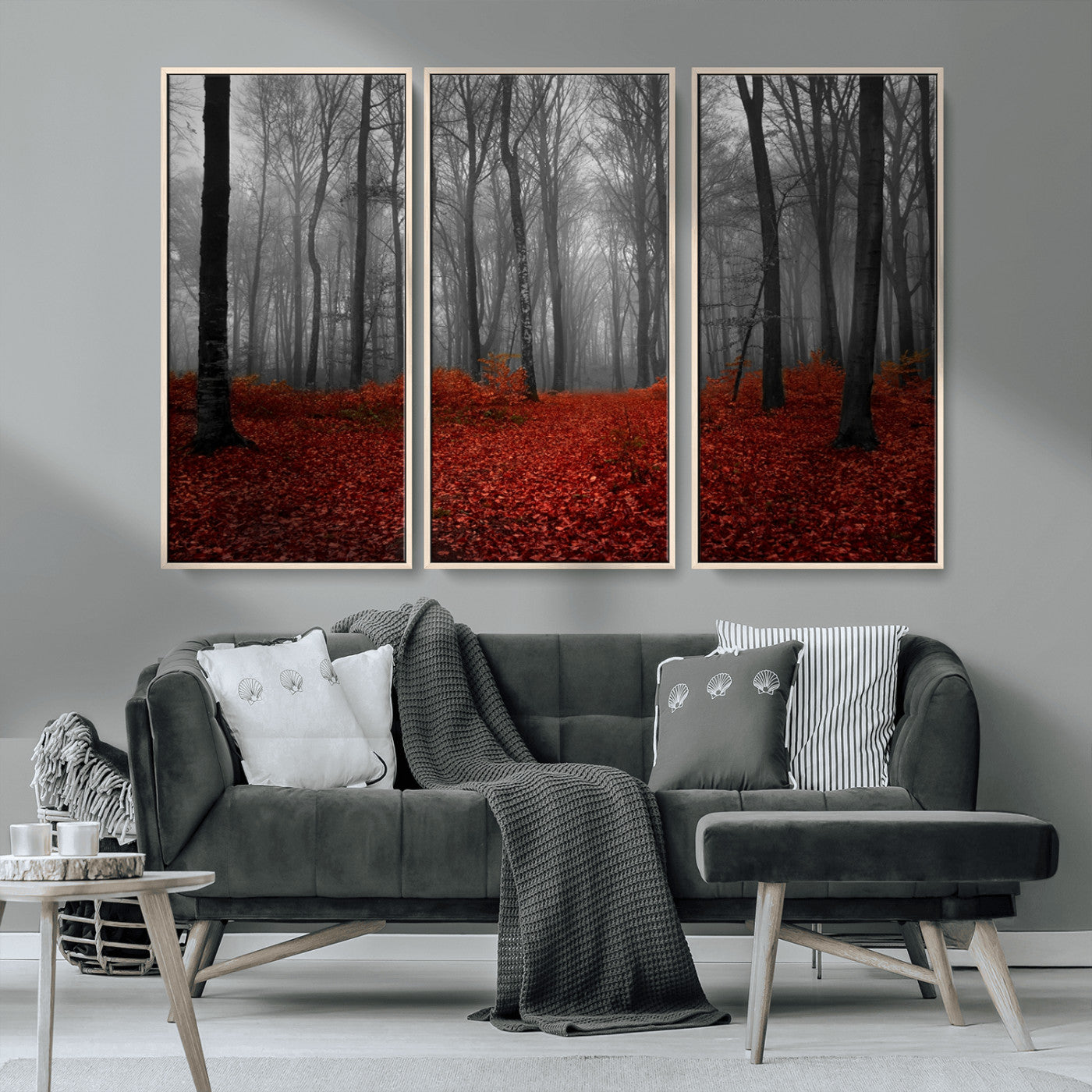 Red Forest Floor Canvas Wall Art – Mystical Foggy Woodland