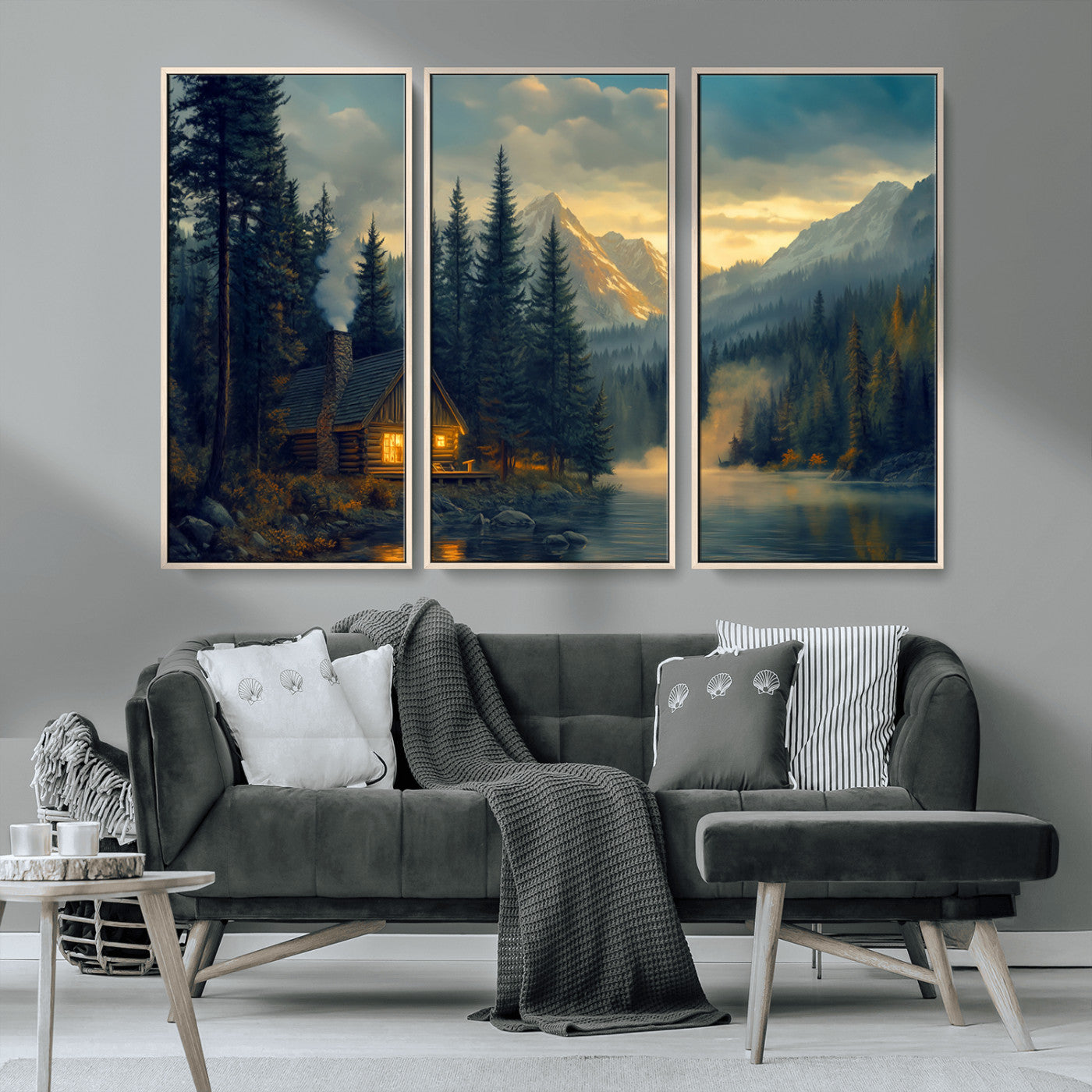 Mountain Cabin by the Lake at Sunset Wall Art - Serene