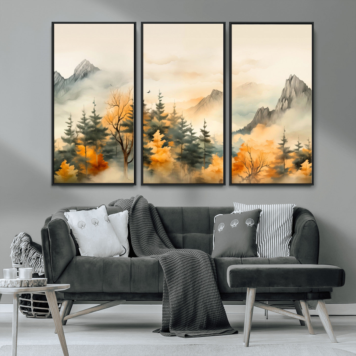 Abstract Watercolor Mountains and Trees Autumn Art,