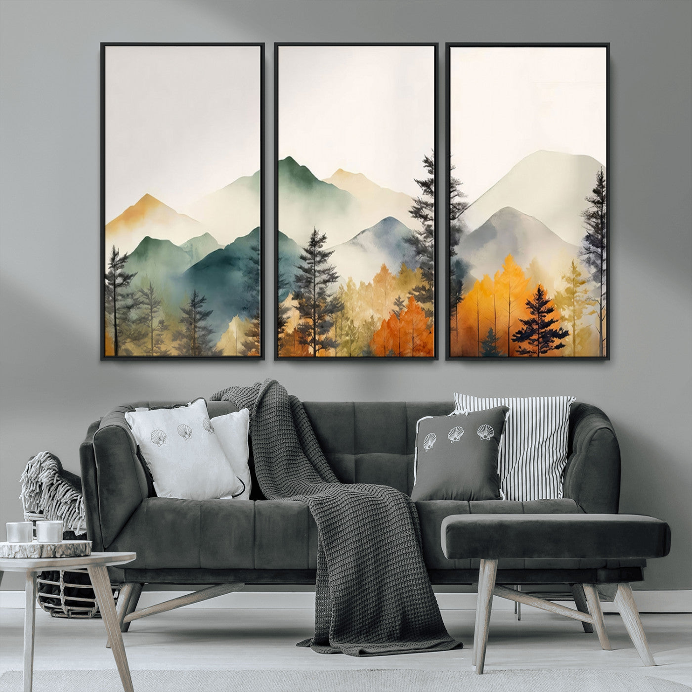 Abstract Watercolor Mountains and Trees Autumn Wall Art,