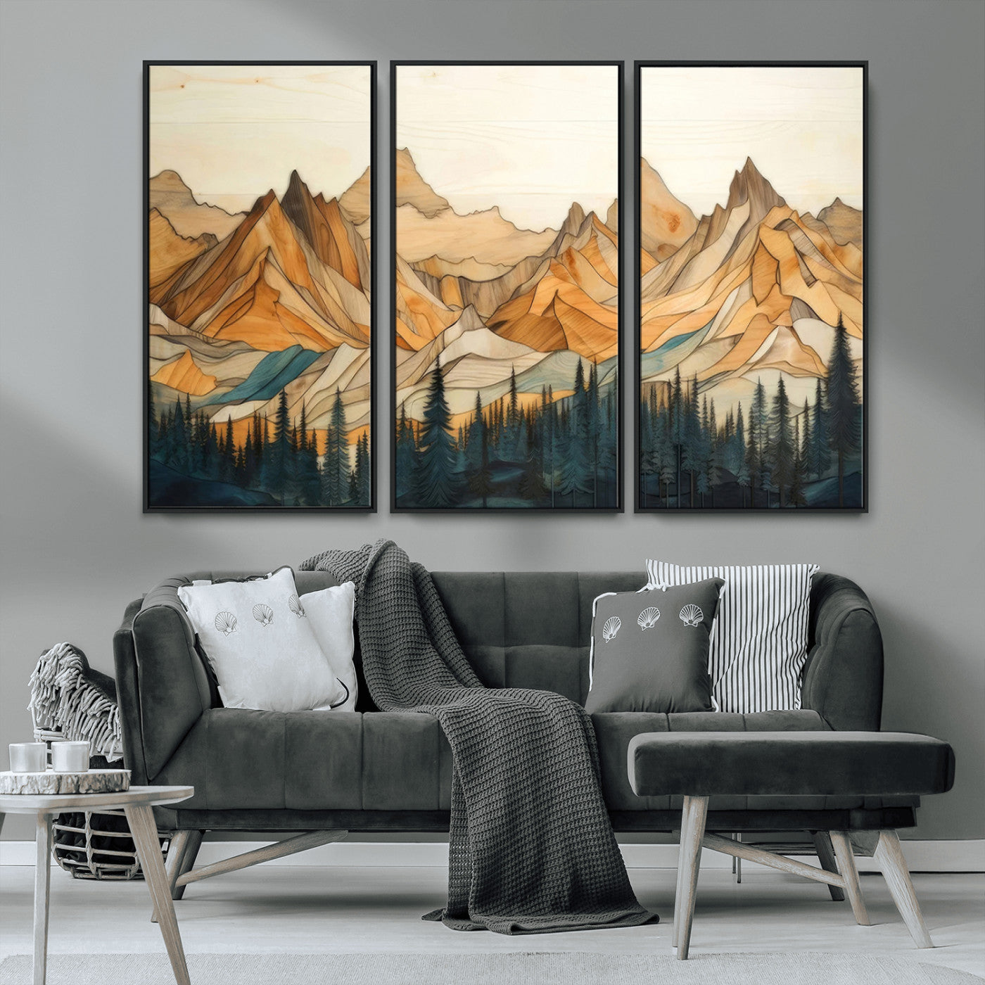 Rustic Wood Mountain Wall Art Print | Triptych Giclee Print