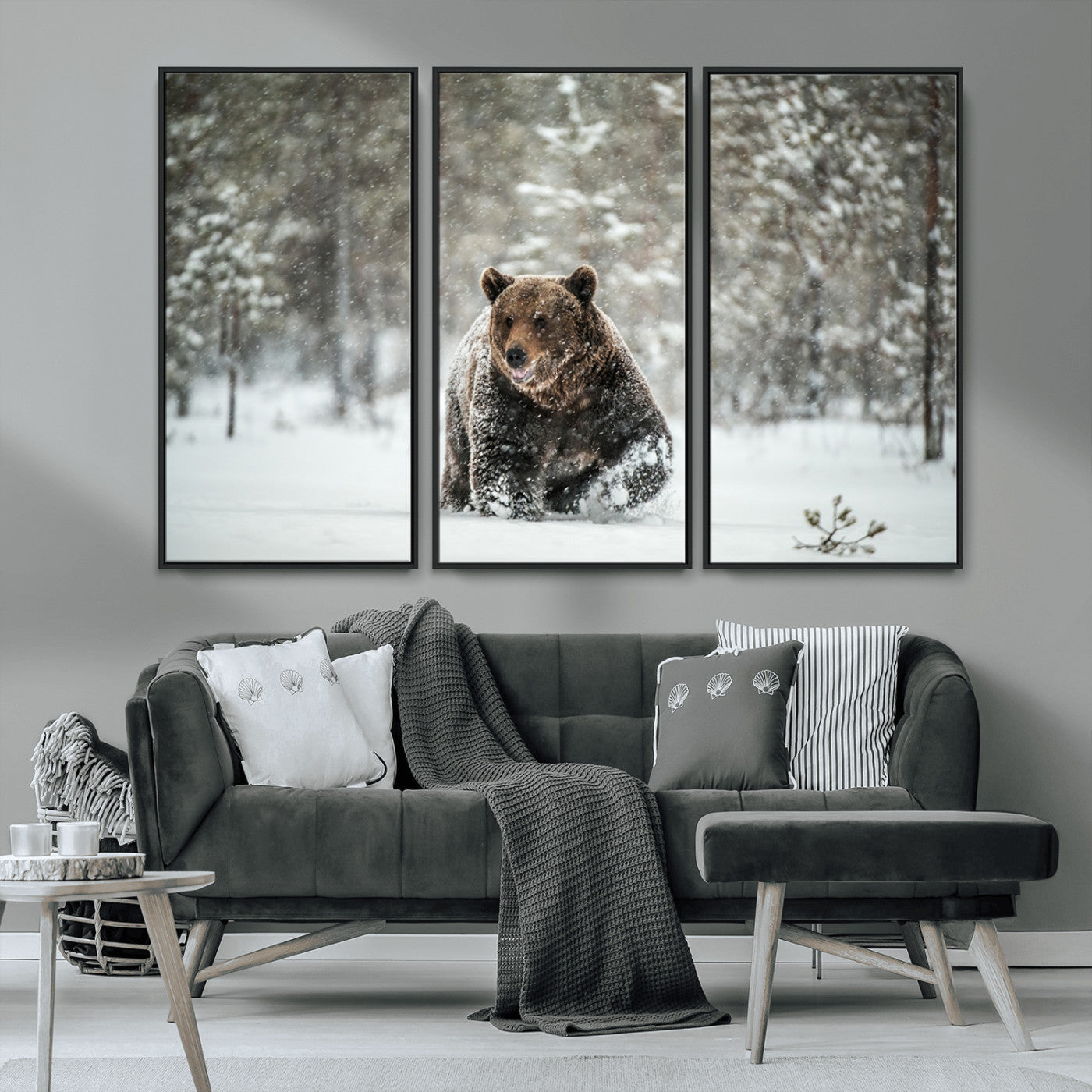 Grizzly Bear Wall Art – Framed Snowy Forest Canvas Artwork,