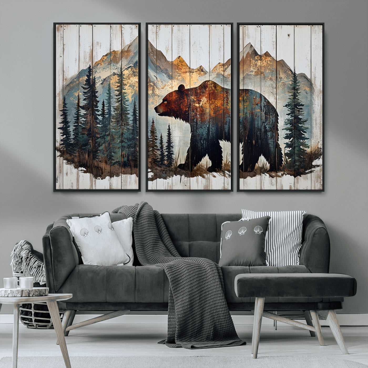 Rustic Grizzly 399 Bear and Mountain Wood Canvas Wall Art -