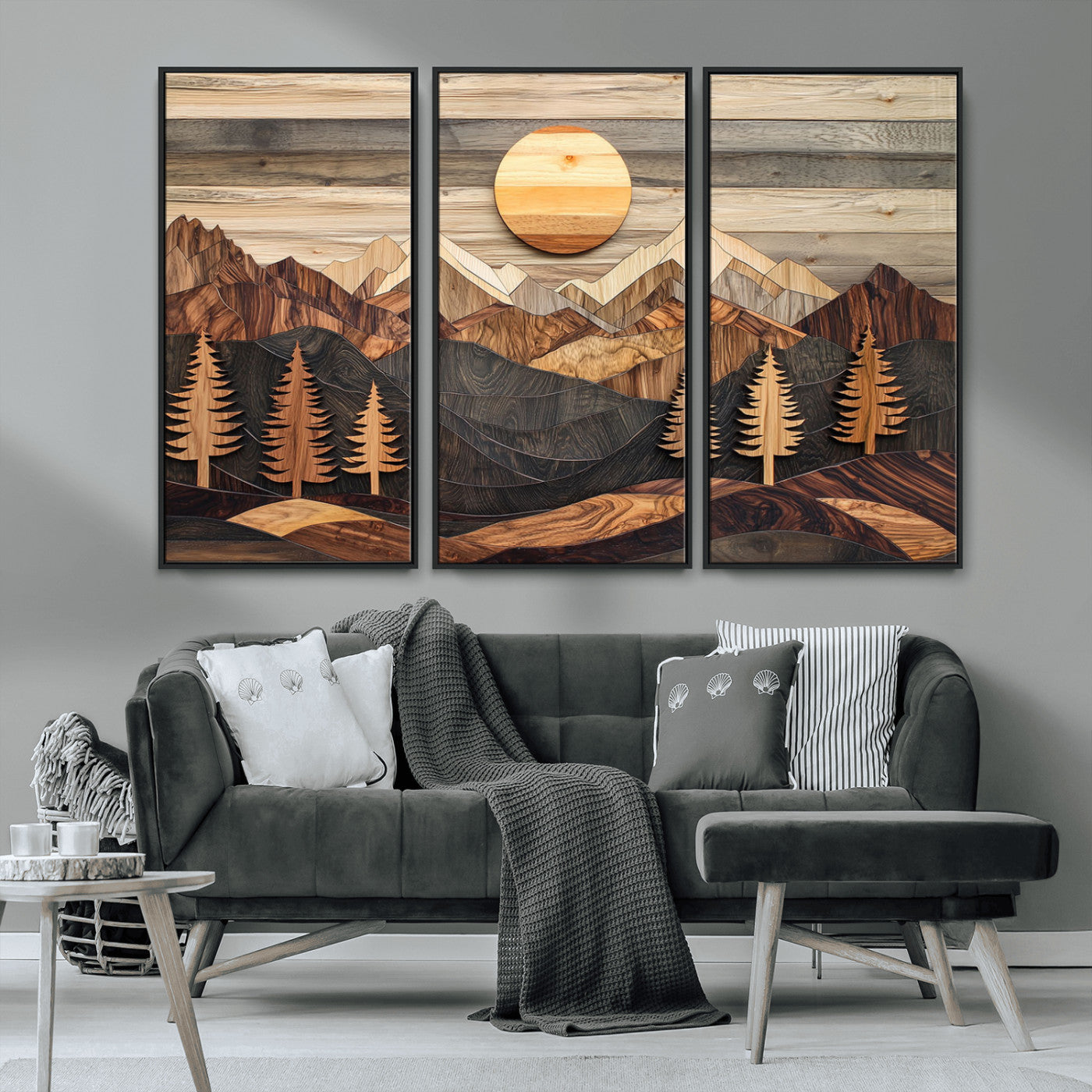 Wooden Mountain Layers Art – Rustic Pine Tree Landscape