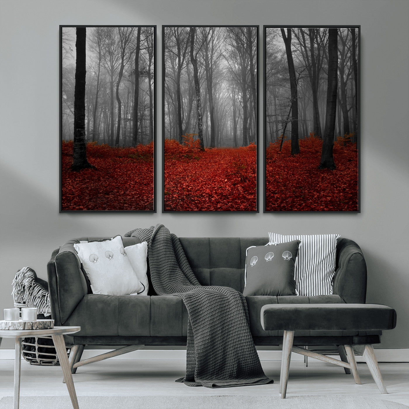 Red Forest Floor Canvas Wall Art – Mystical Foggy Woodland