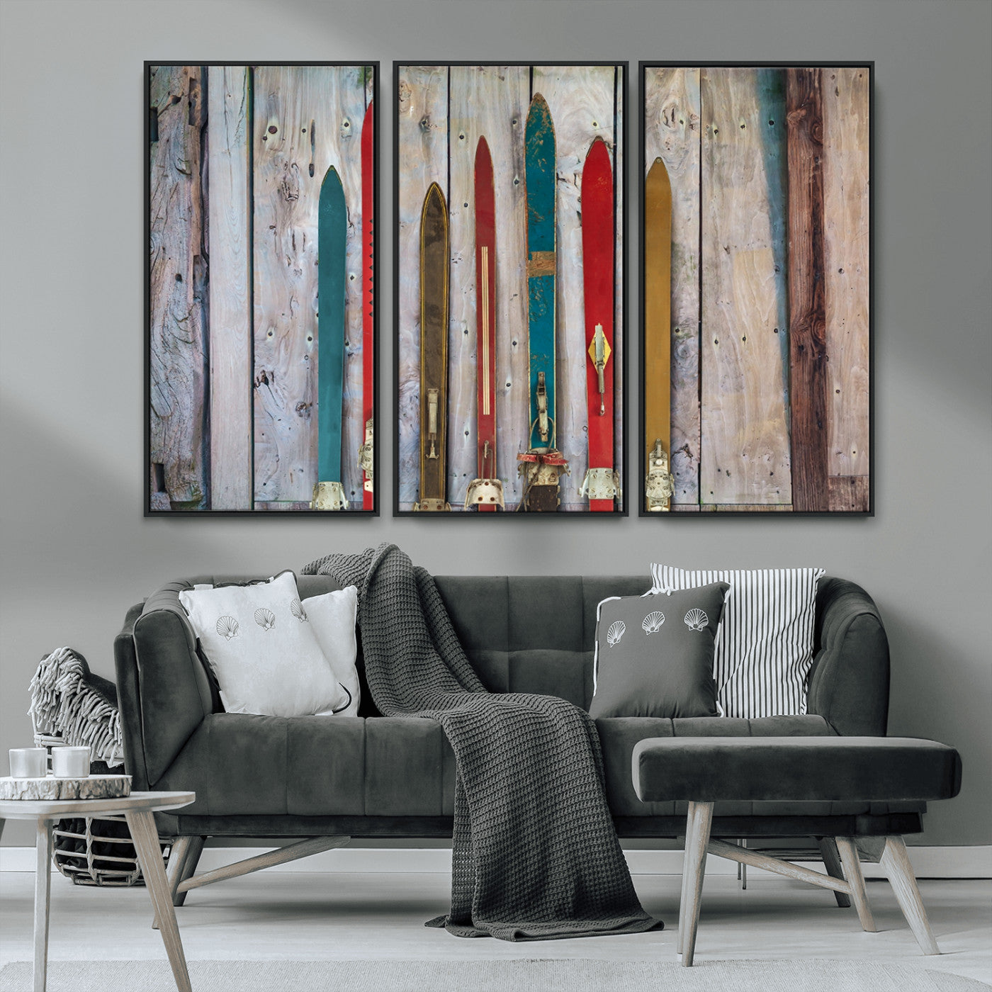 Vintage Wooden Weathered Ski's in Front of an Old Barn Wall
