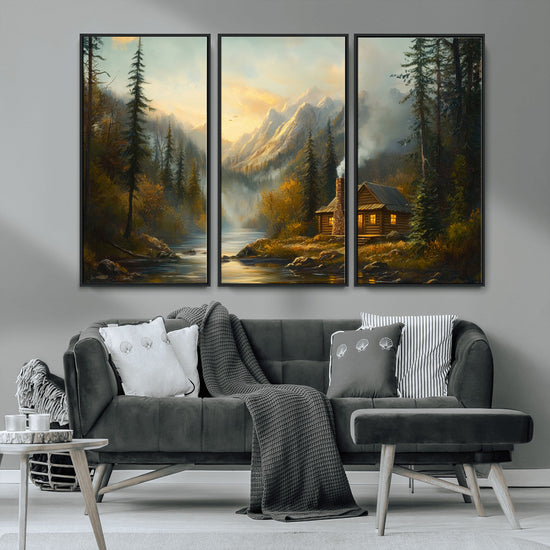 Wood Cabin Retreat Mountain at Sunset Wall Art Print -