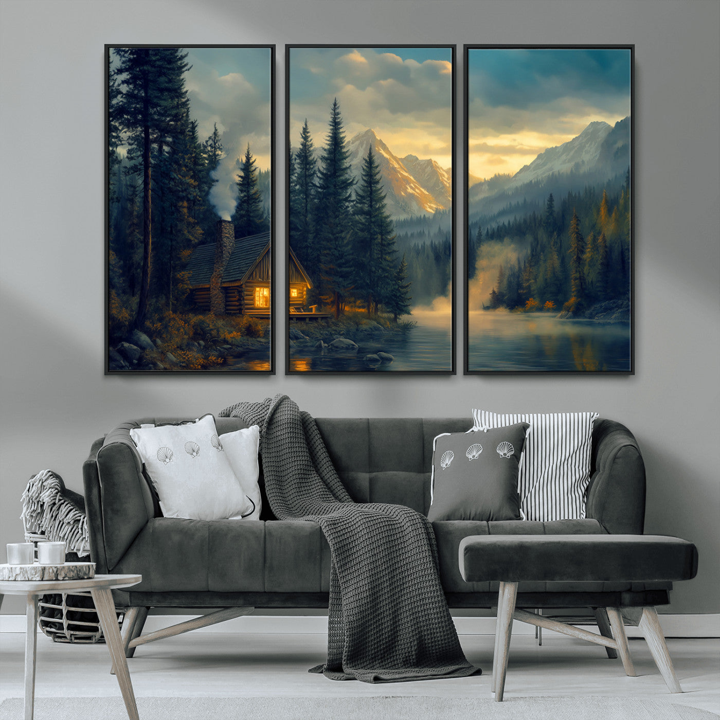 Mountain Cabin by the Lake at Sunset Wall Art - Serene