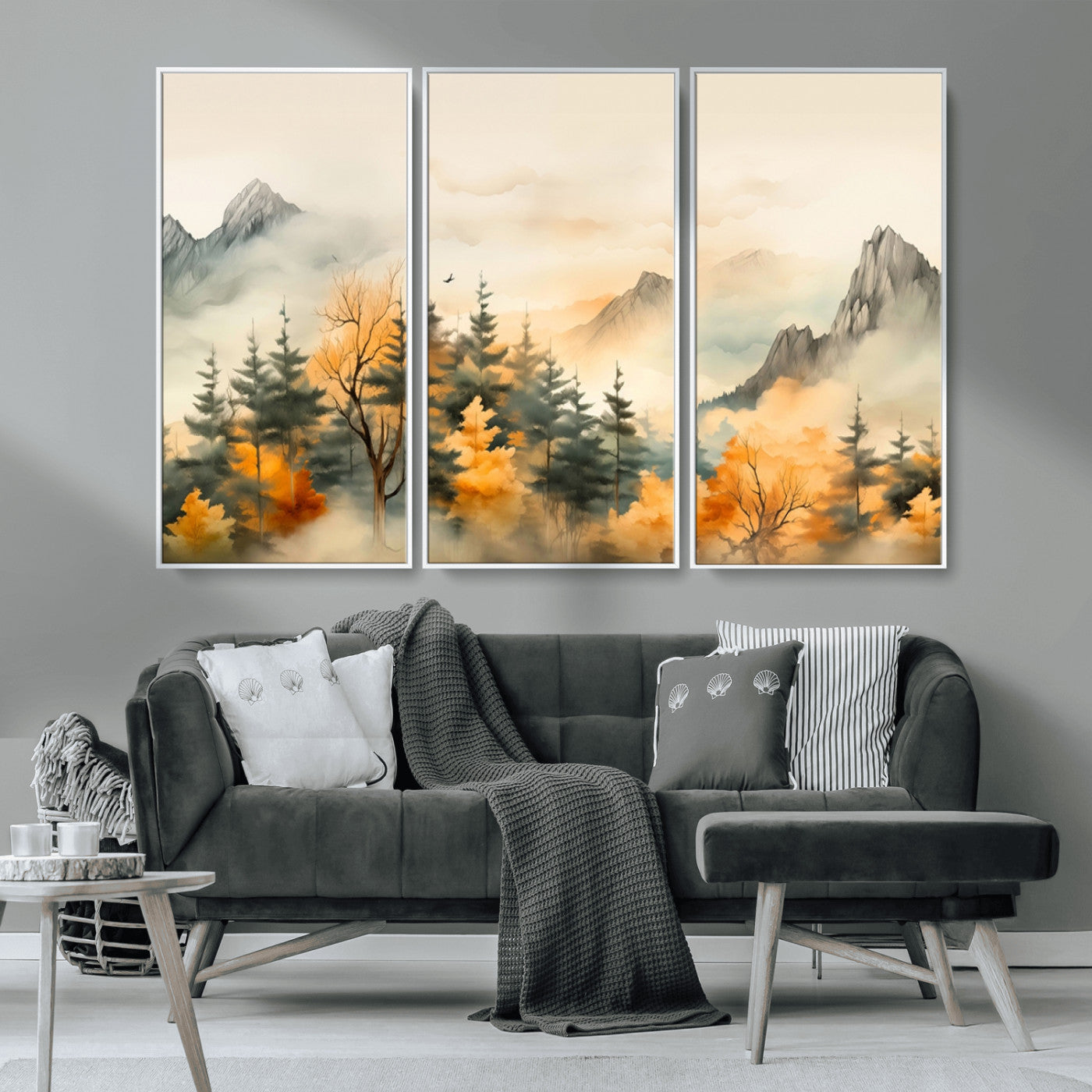 Abstract Watercolor Mountains and Trees Autumn Art,
