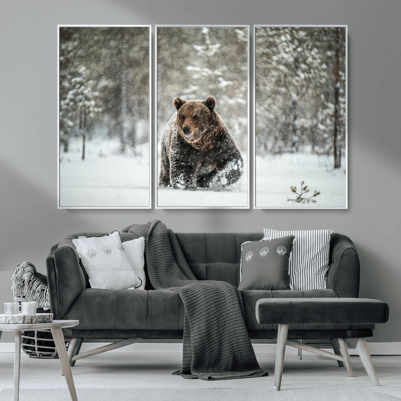 Grizzly Bear Wall Art – Framed Snowy Forest Canvas Artwork,