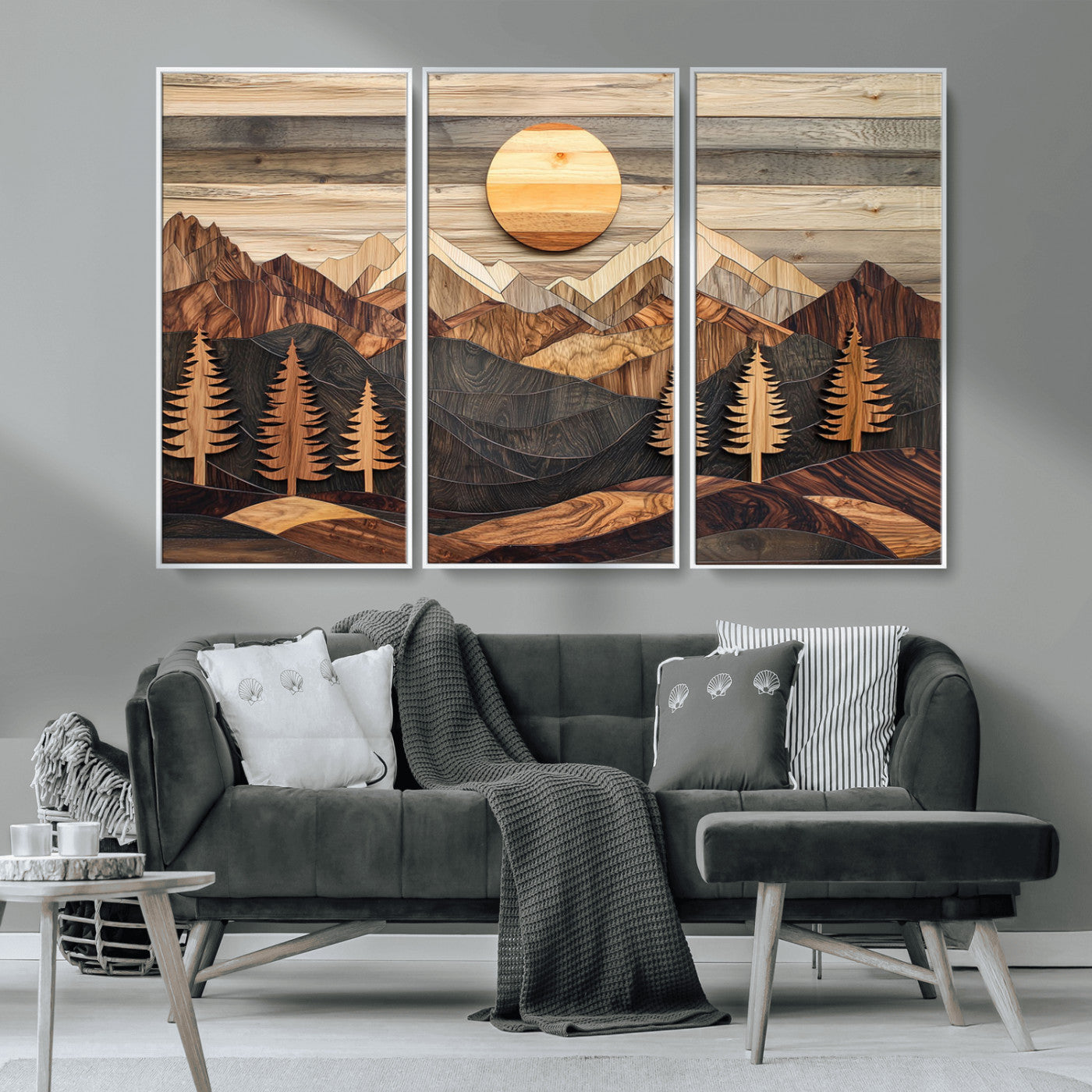 Wooden Mountain Layers Art – Rustic Pine Tree Landscape