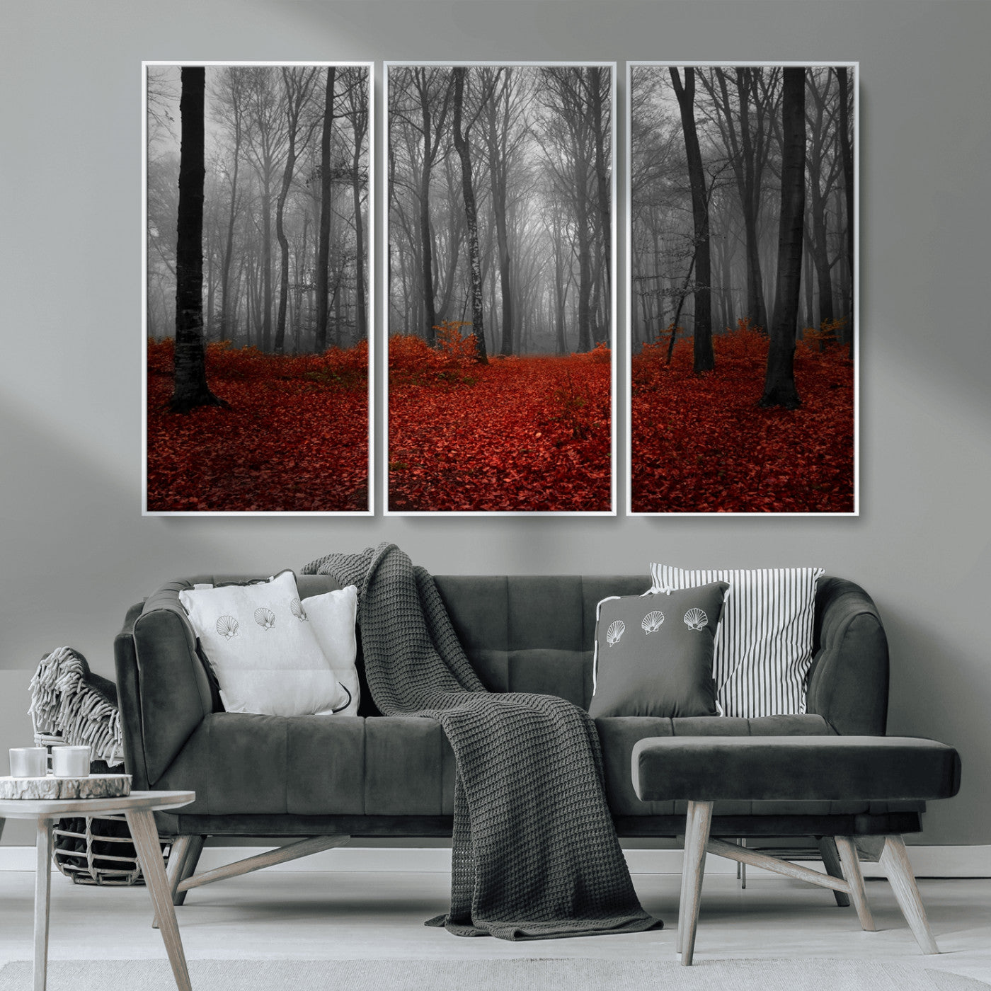 Red Forest Floor Canvas Wall Art – Mystical Foggy Woodland