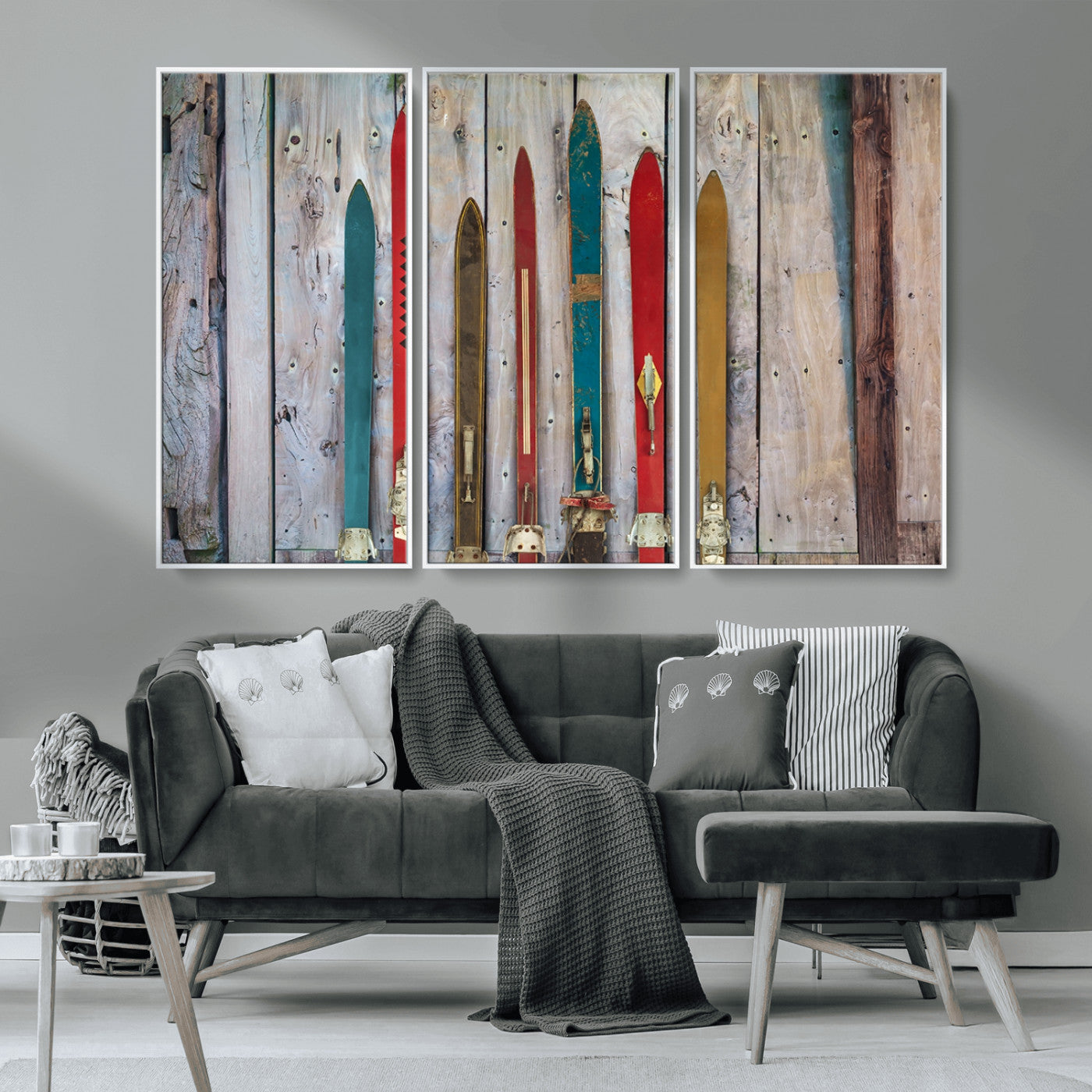 Vintage Wooden Weathered Ski's in Front of an Old Barn Wall