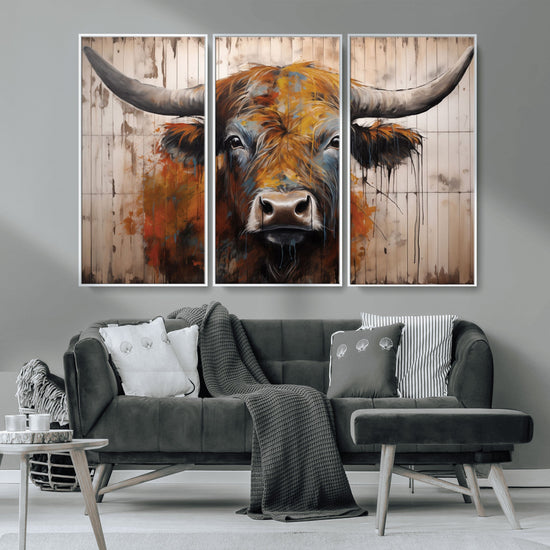 Scottish Highland Cow Cattle Art Print on Wood Style