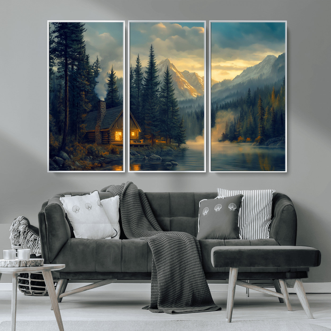 Mountain Cabin by the Lake at Sunset Wall Art - Serene