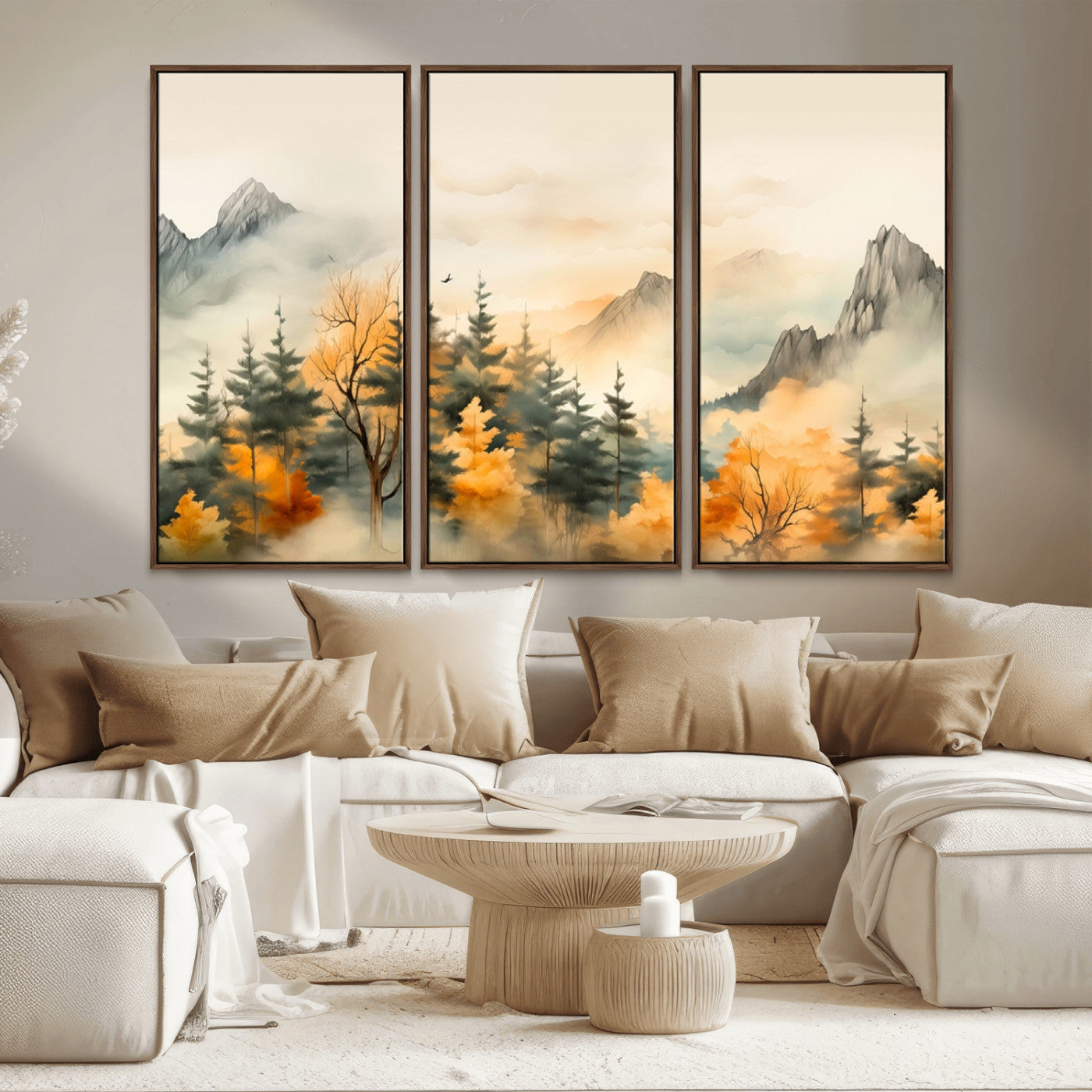 Abstract Watercolor Mountains and Trees Autumn Art,