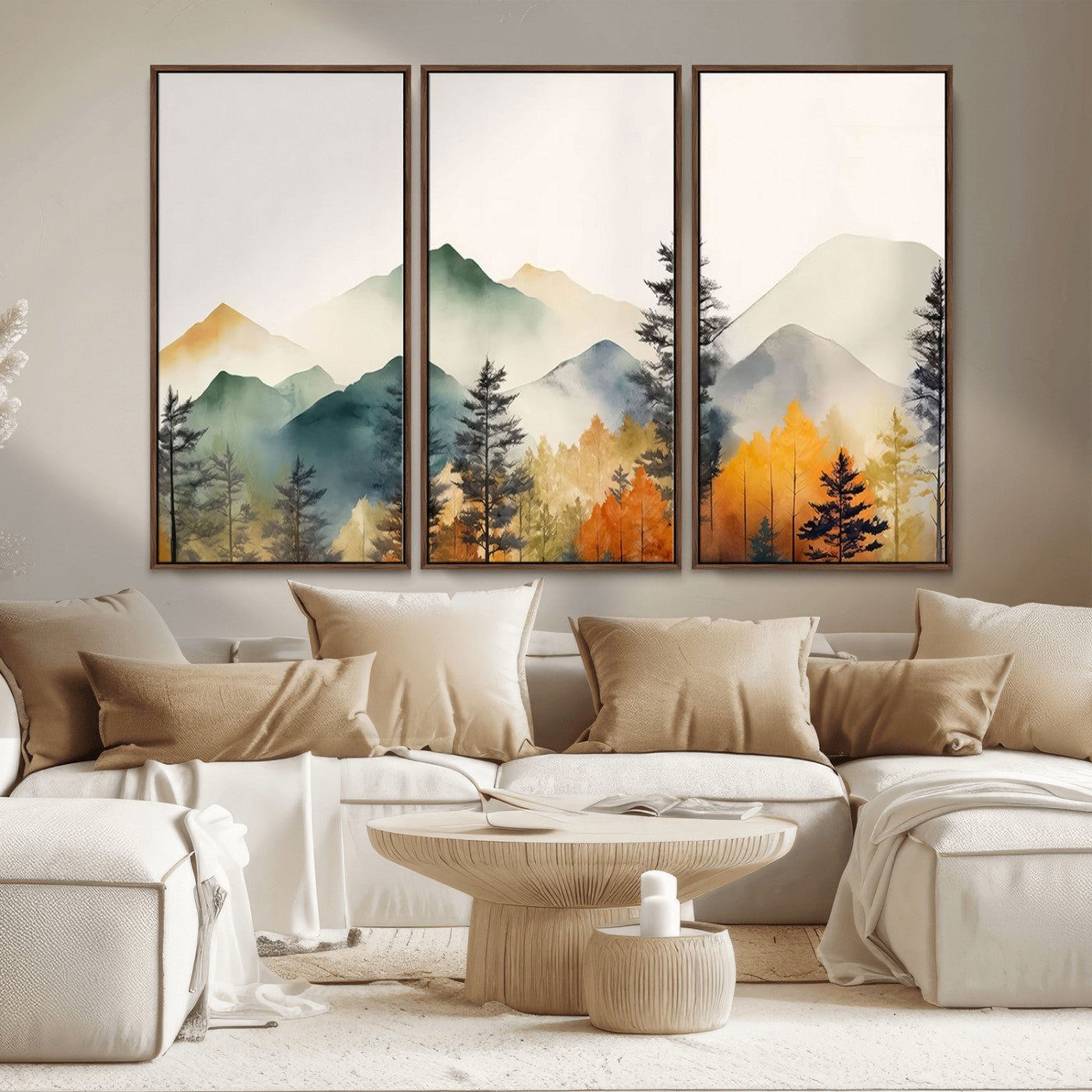Abstract Watercolor Mountains and Trees Autumn Wall Art,