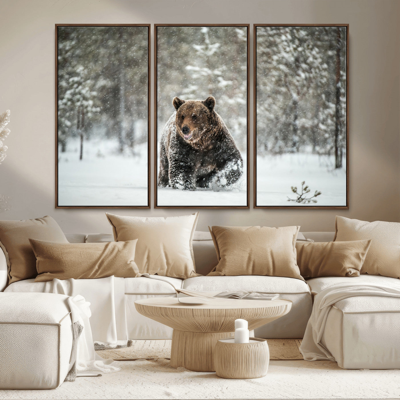 Grizzly Bear Wall Art – Framed Snowy Forest Canvas Artwork,