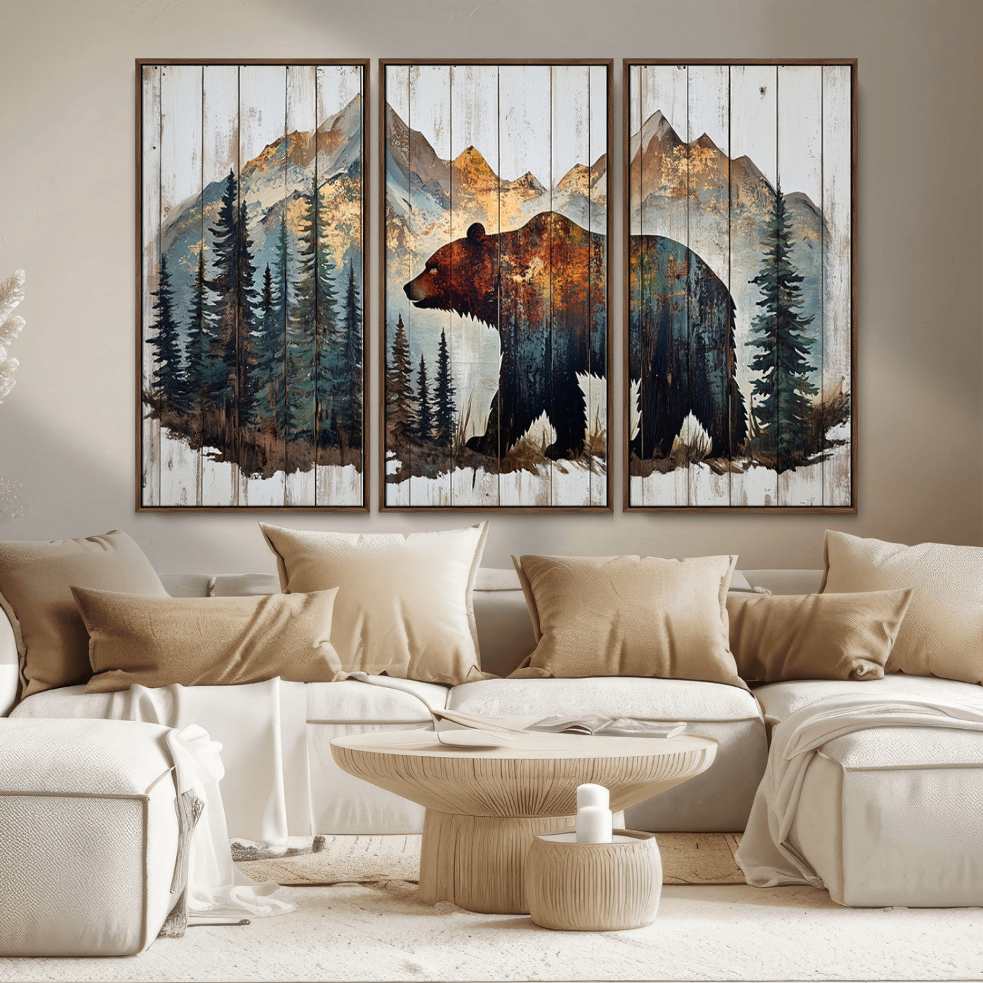 Rustic Grizzly 399 Bear and Mountain Wood Canvas Wall Art -