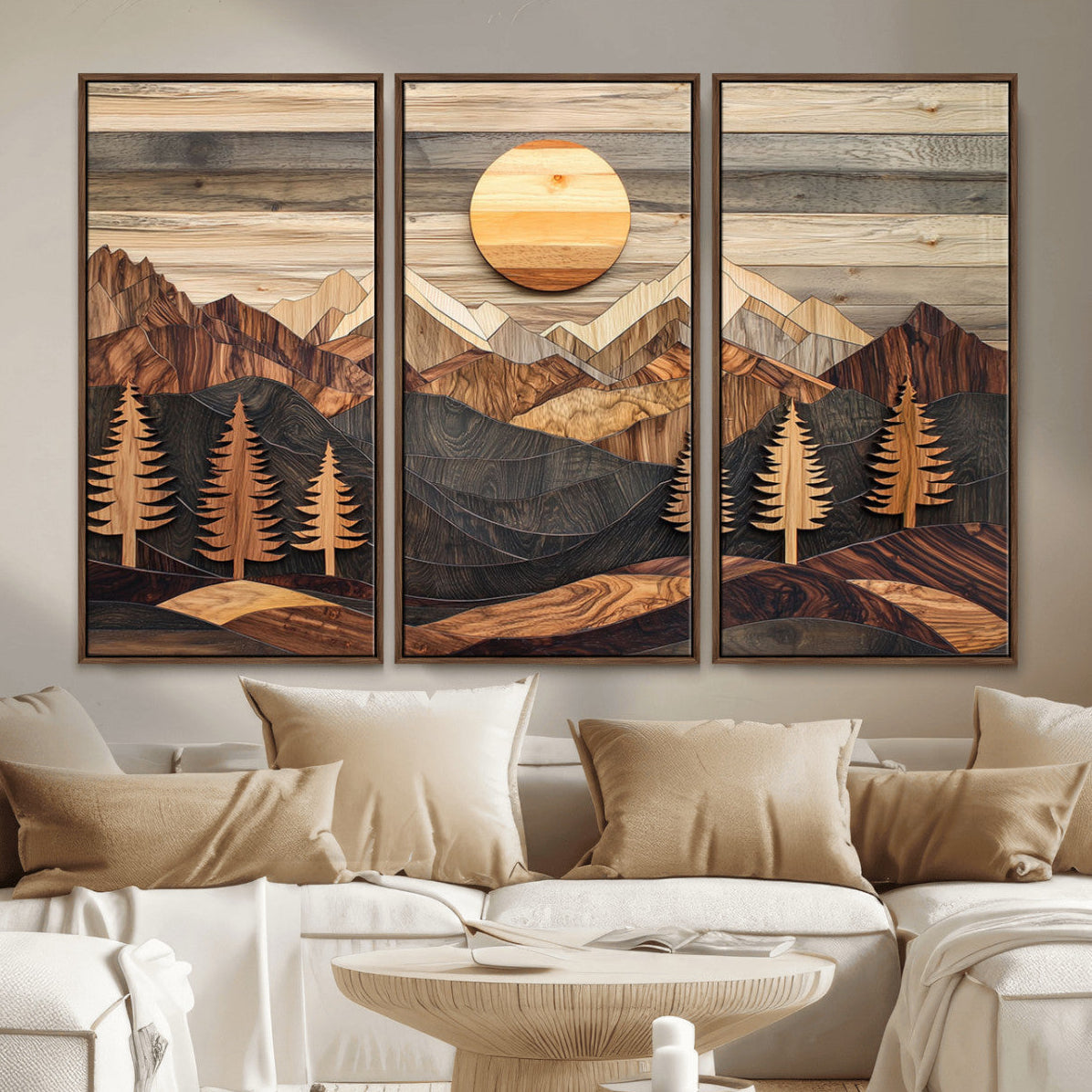 Wooden Mountain Layers Art – Rustic Pine Tree Landscape