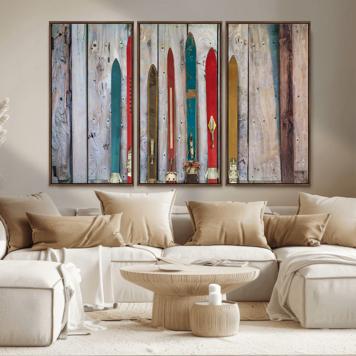 Vintage Wooden Weathered Ski's in Front of an Old Barn Wall