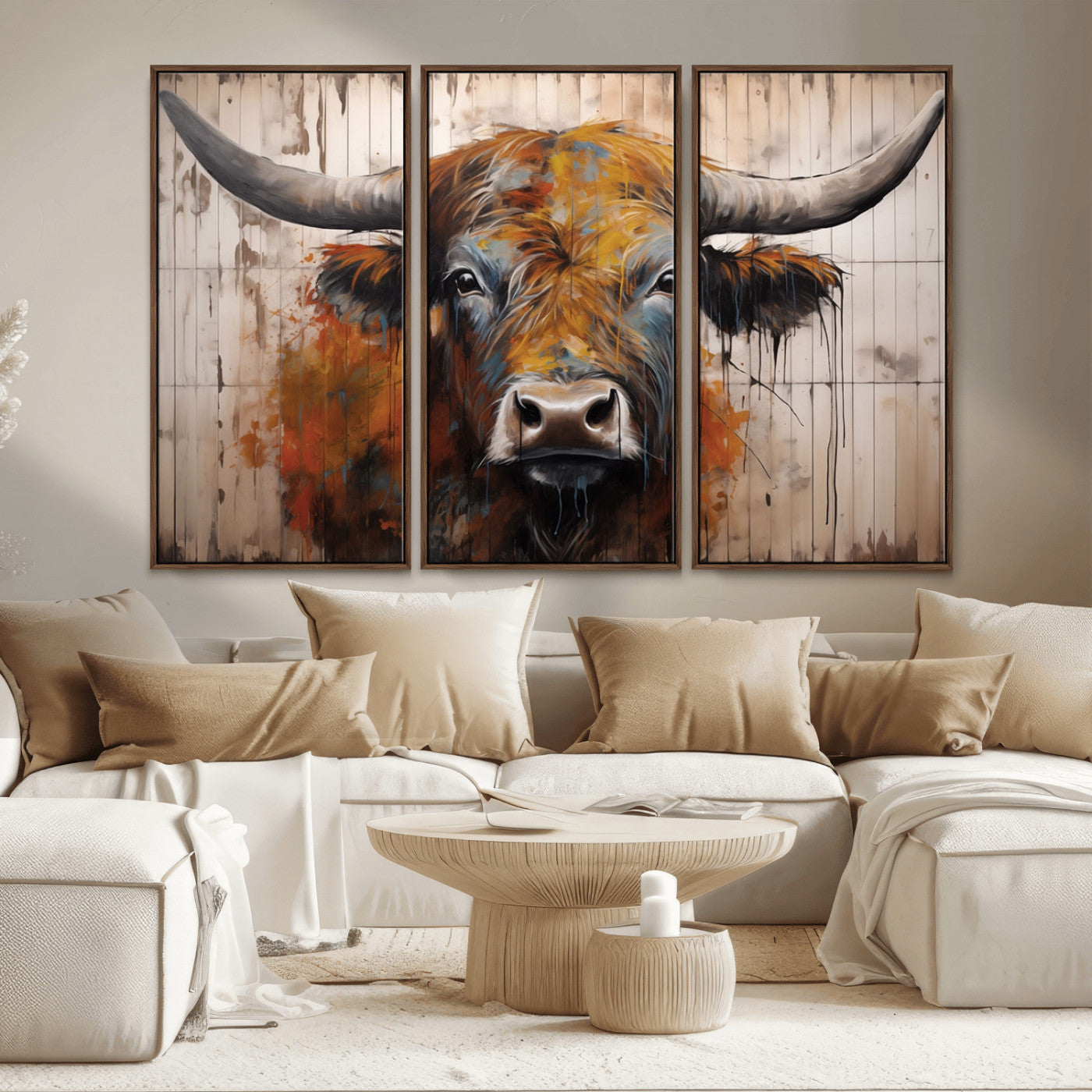 Scottish Highland Cow Cattle Art Print on Wood Style