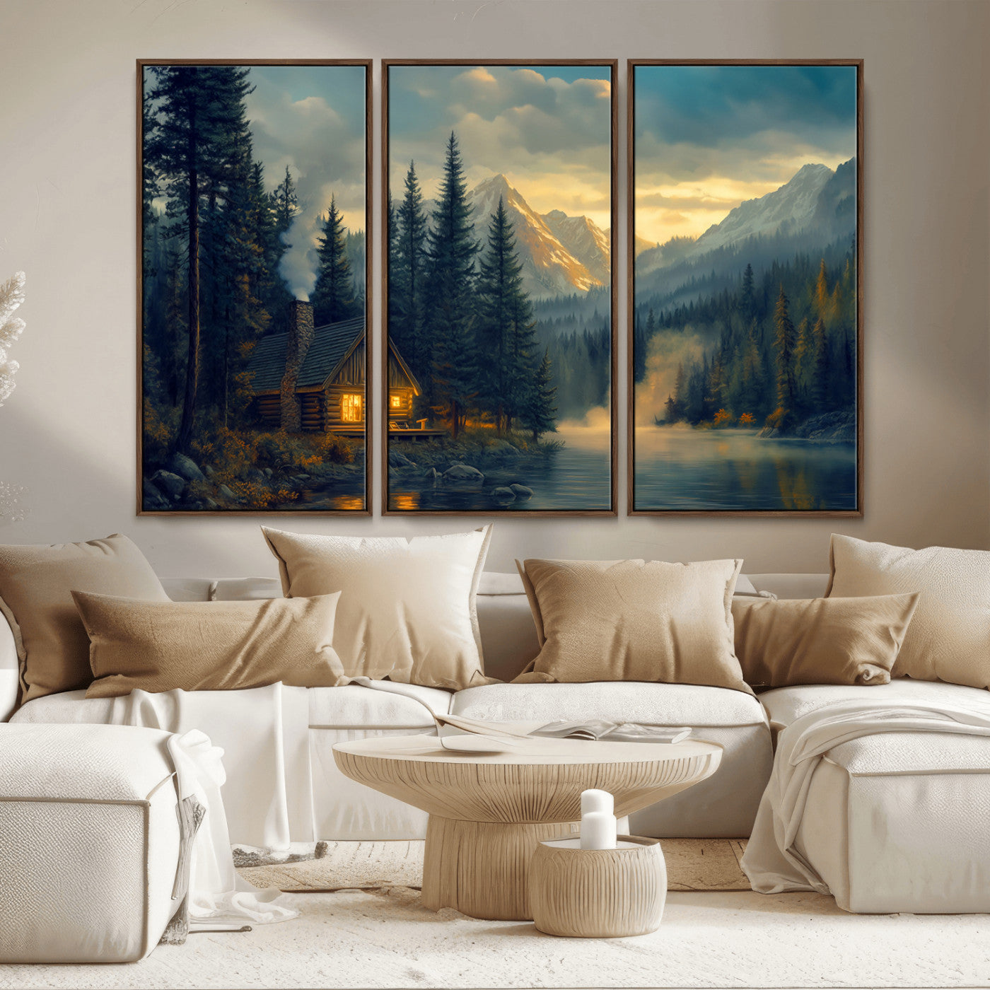 Mountain Cabin by the Lake at Sunset Wall Art - Serene