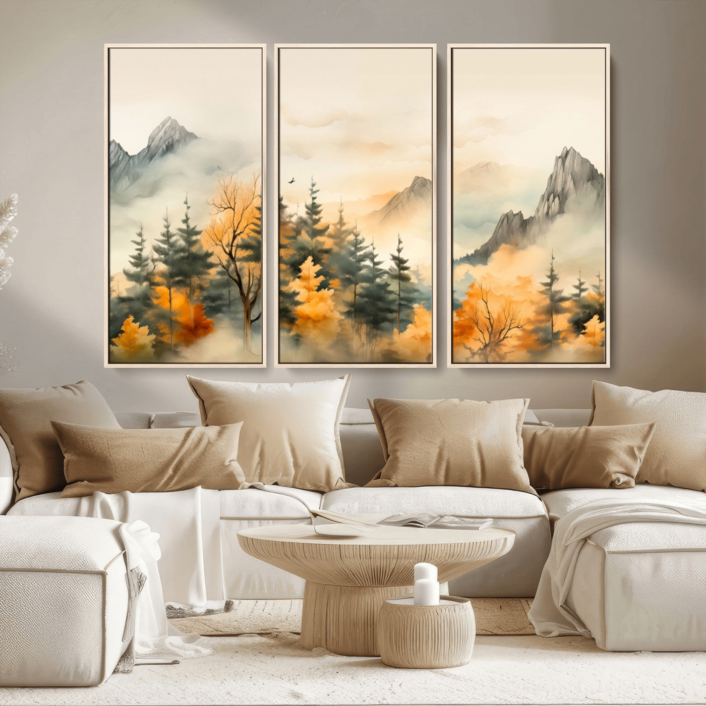 Abstract Watercolor Mountains and Trees Autumn Art,