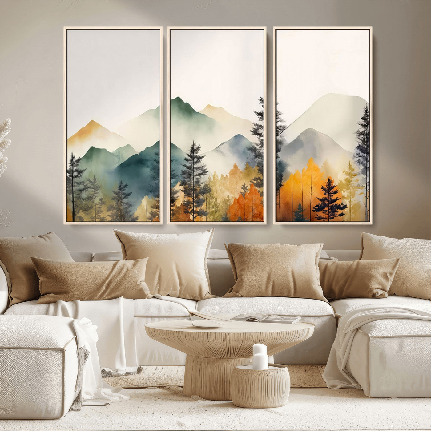 Abstract Watercolor Mountains and Trees Autumn Wall Art,