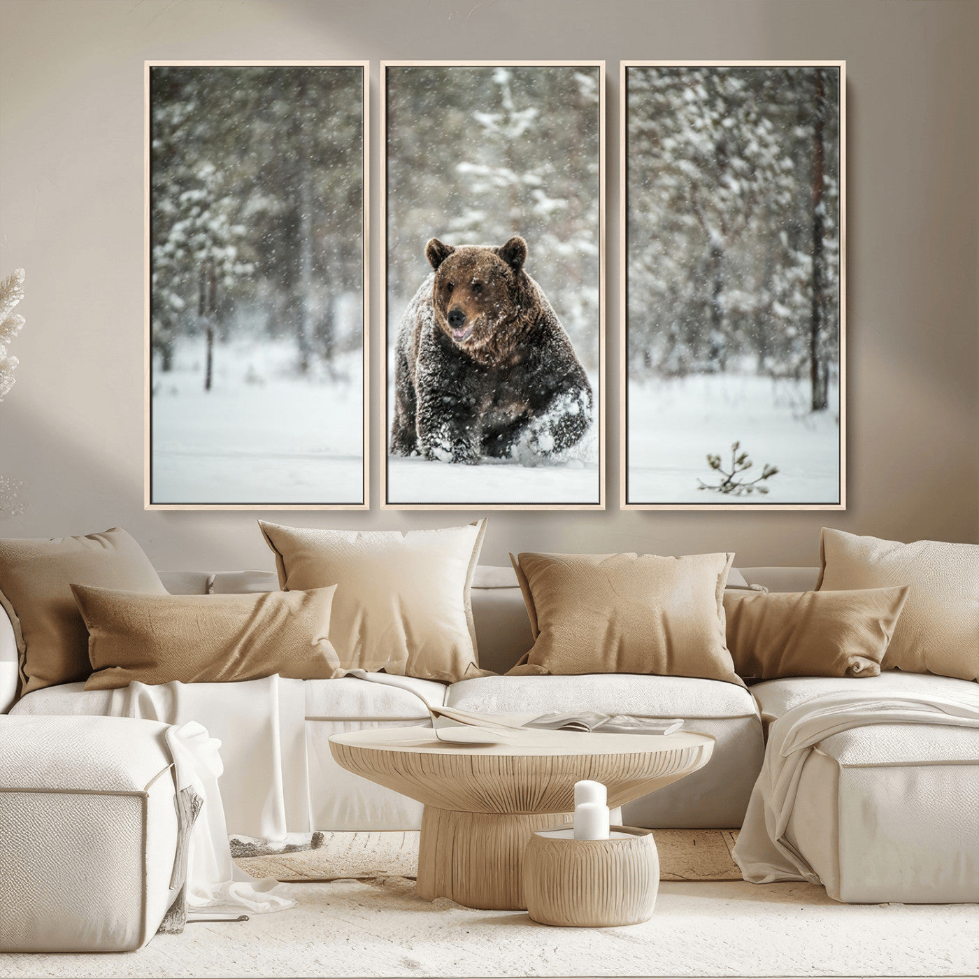 Grizzly Bear Wall Art – Framed Snowy Forest Canvas Artwork,
