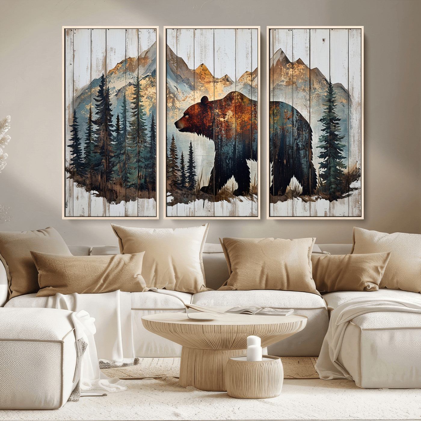 Rustic Grizzly 399 Bear and Mountain Wood Canvas Wall Art -