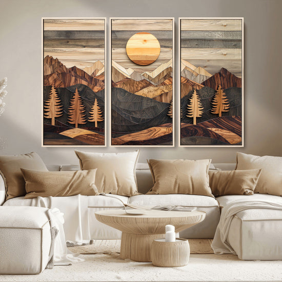 Wooden Mountain Layers Art – Rustic Pine Tree Landscape