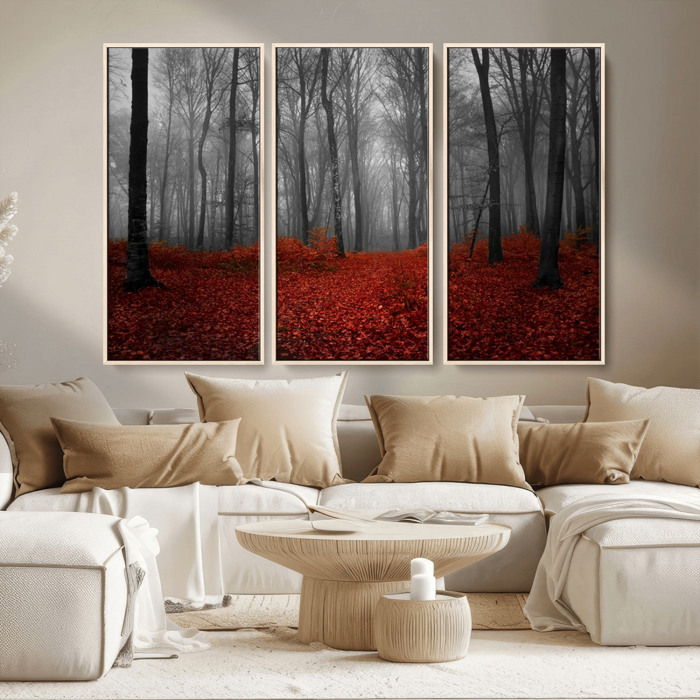 Red Forest Floor Canvas Wall Art – Mystical Foggy Woodland