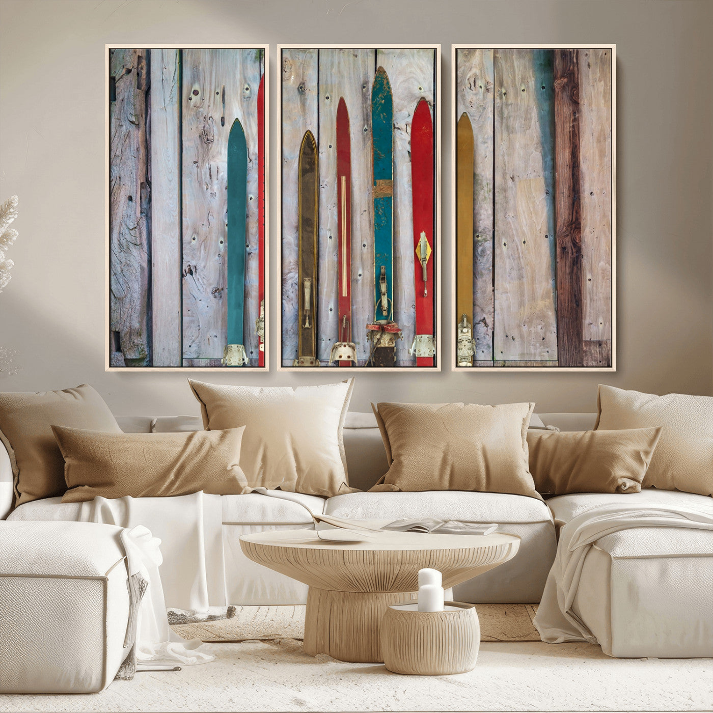 Vintage Wooden Weathered Ski's in Front of an Old Barn Wall