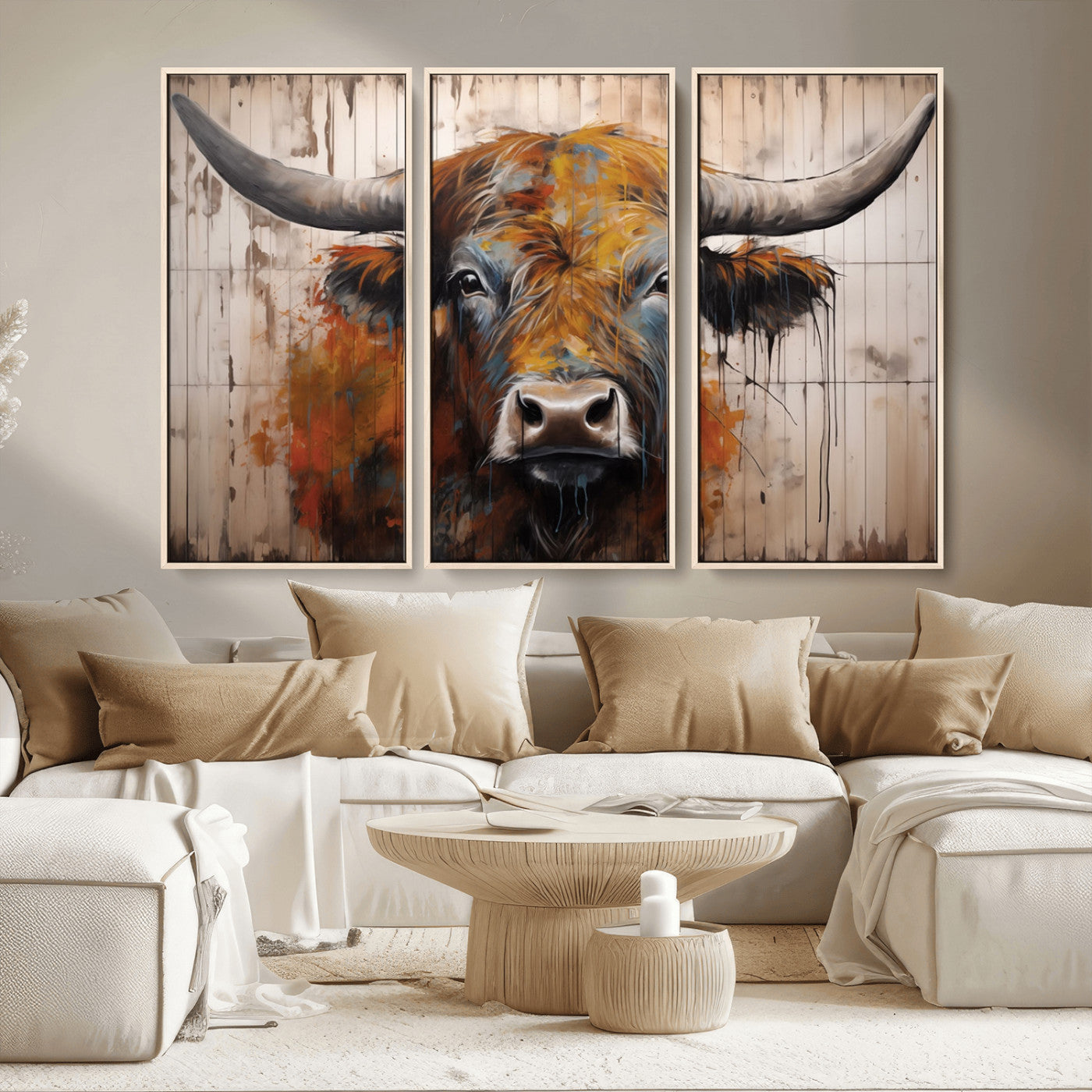 Scottish Highland Cow Cattle Art Print on Wood Style