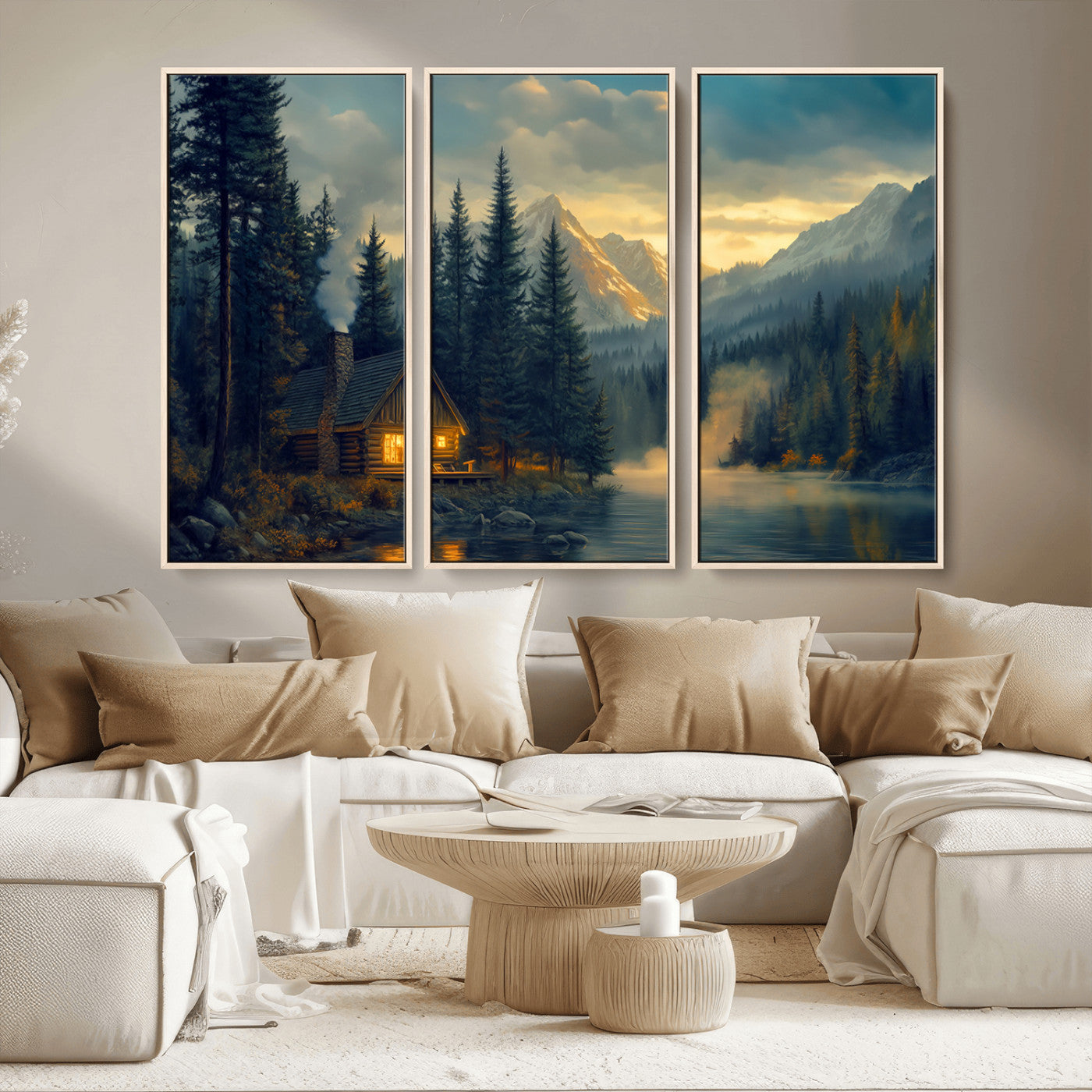 Mountain Cabin by the Lake at Sunset Wall Art - Serene