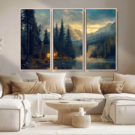Mountain Cabin by the Lake at Sunset Wall Art - Serene