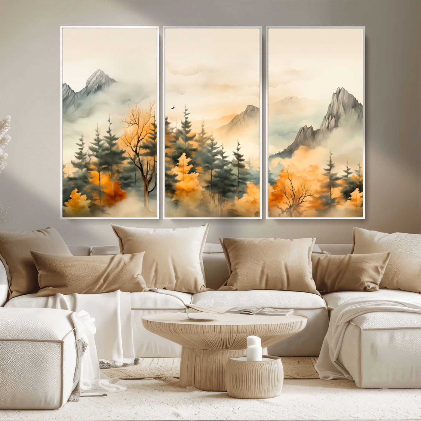 Abstract Watercolor Mountains and Trees Autumn Art,