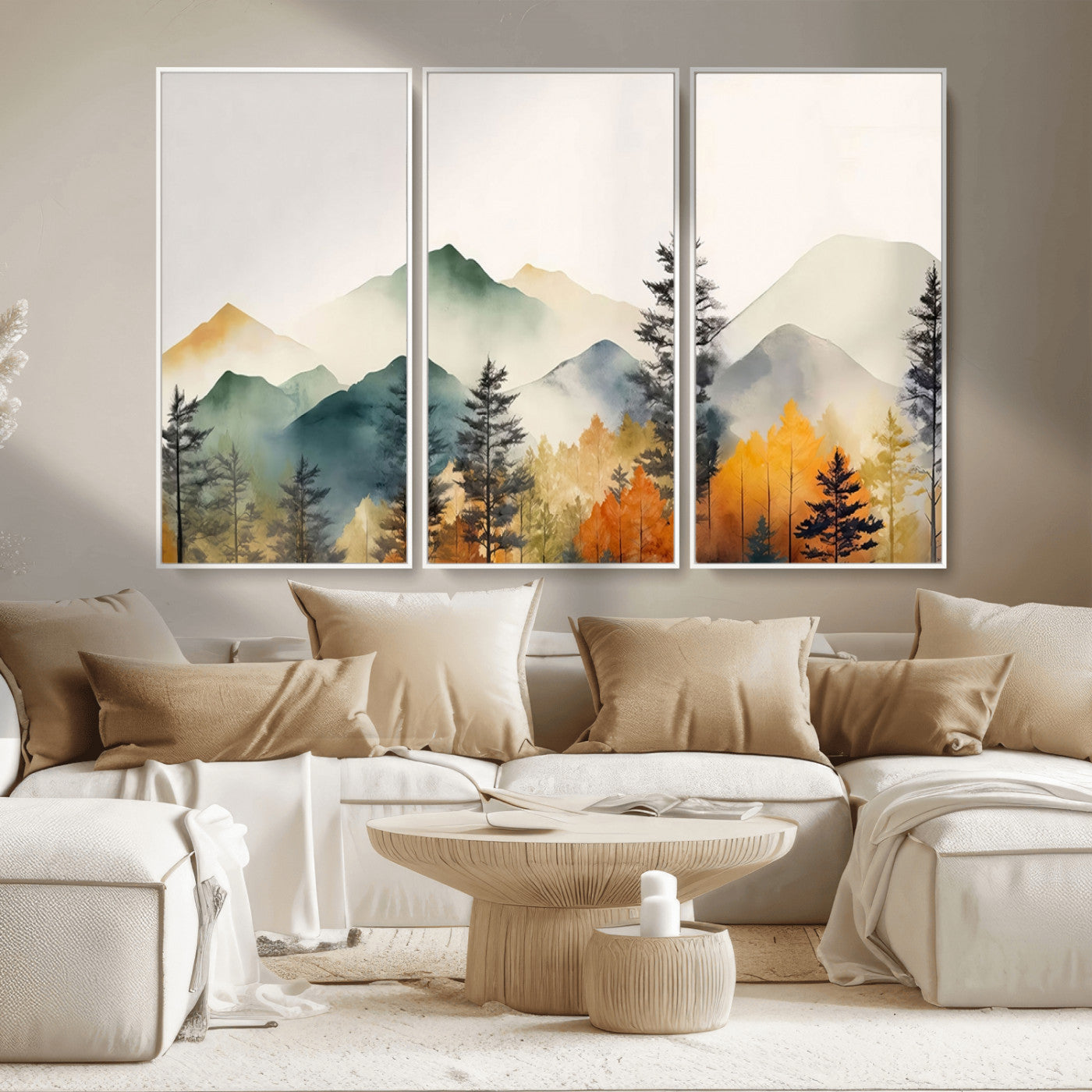 Abstract Watercolor Mountains and Trees Autumn Wall Art,