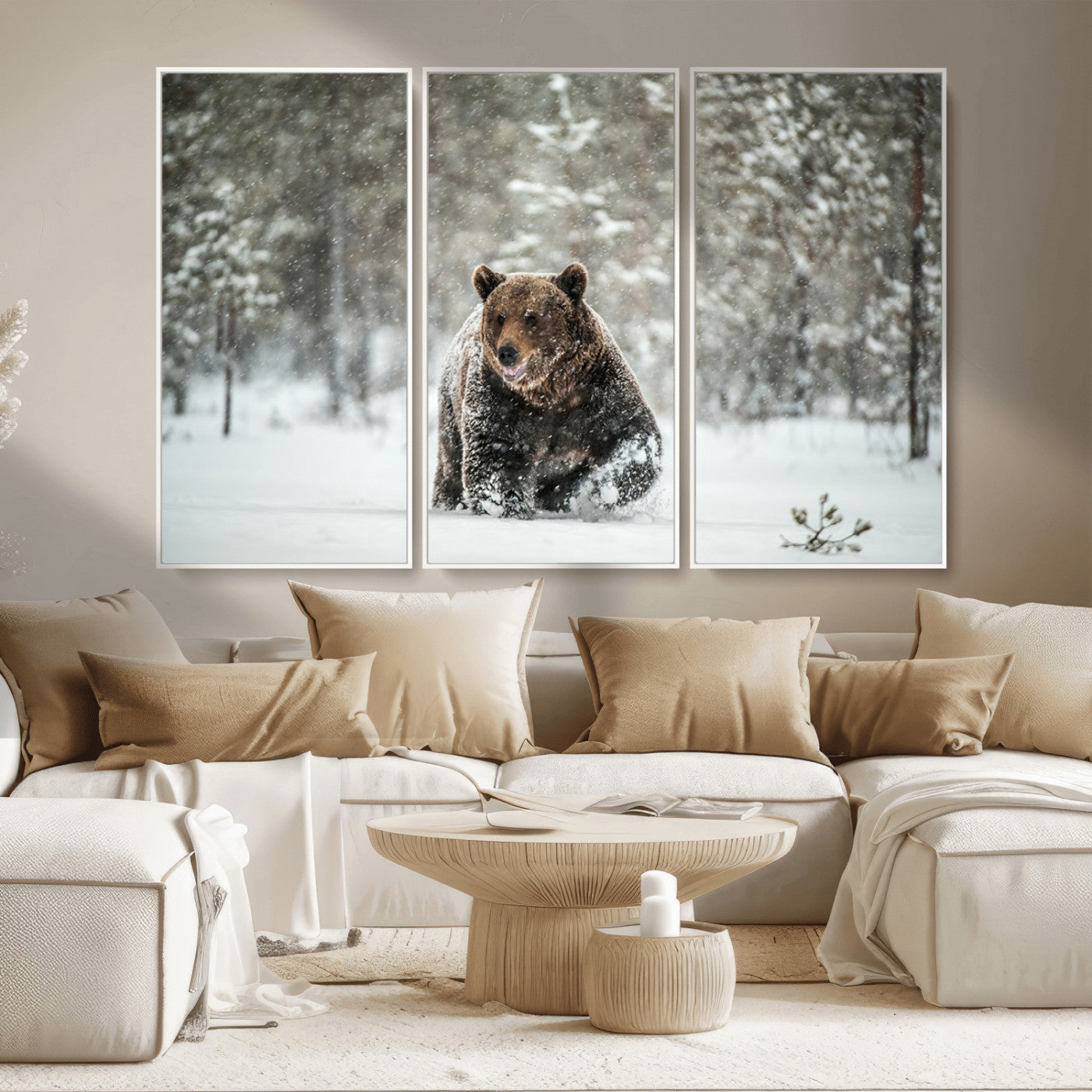 Grizzly Bear Wall Art – Framed Snowy Forest Canvas Artwork,
