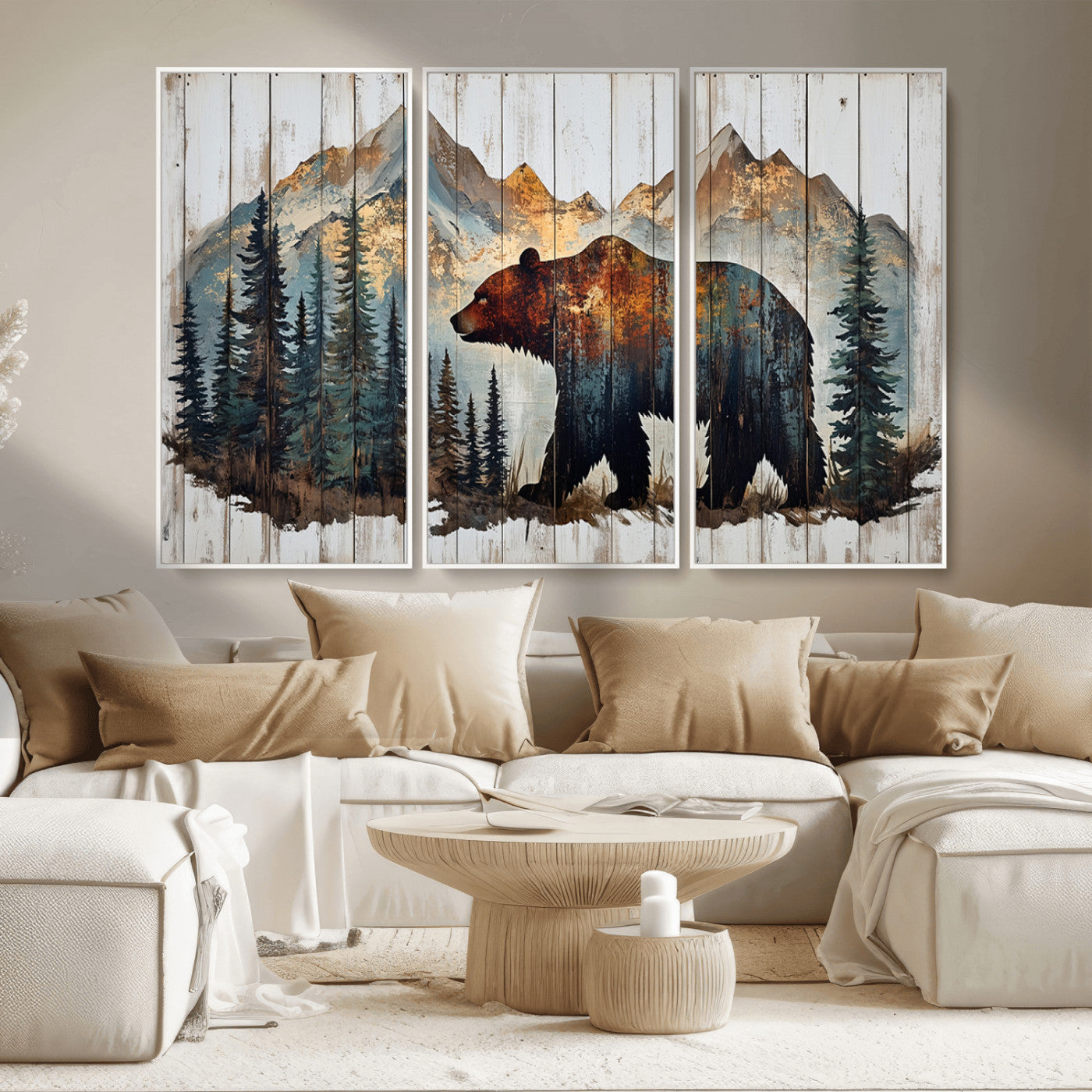 Rustic Grizzly 399 Bear and Mountain Wood Canvas Wall Art -